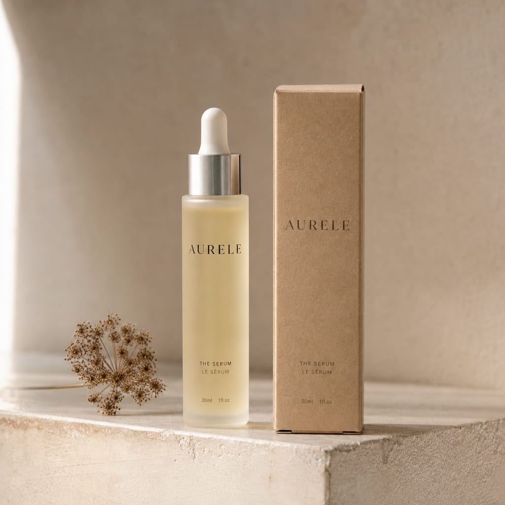 The Aurele serum bottle and carton styled as one art-directed hero shot on a warm plaster ledge.
