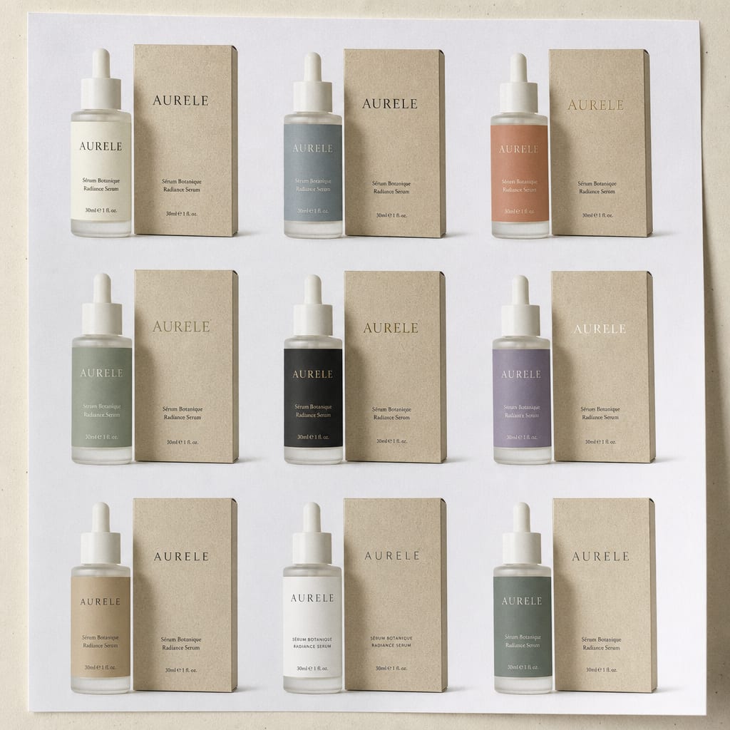A grid of the same Aurele bottle and carton explored across many label colours, typefaces and finishes.
