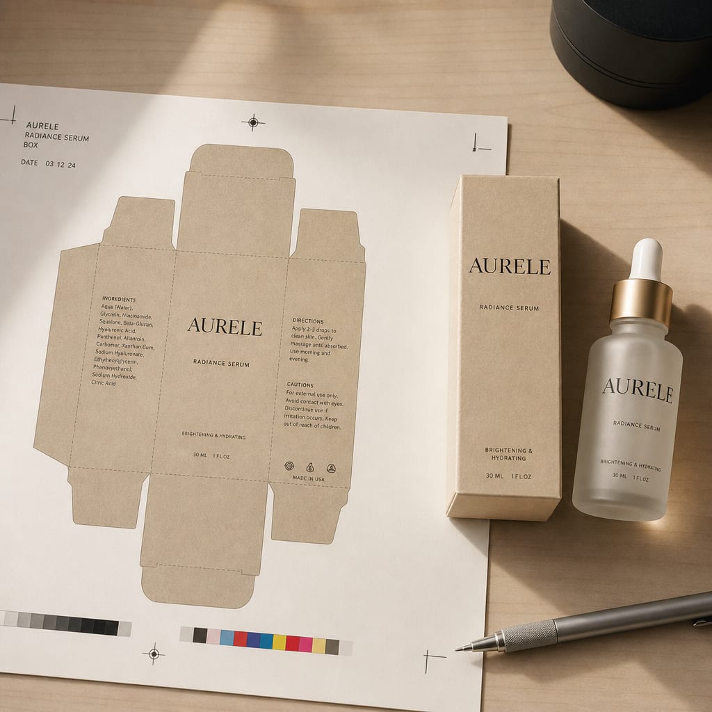 The Aurele kraft carton as an unfolded dieline with crop marks, beside the folded carton and the serum bottle.