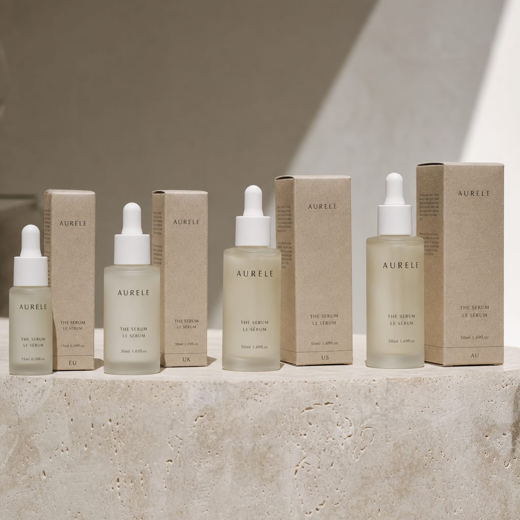 A row of Aurele bottles and cartons in several size and market variants on a travertine surface.