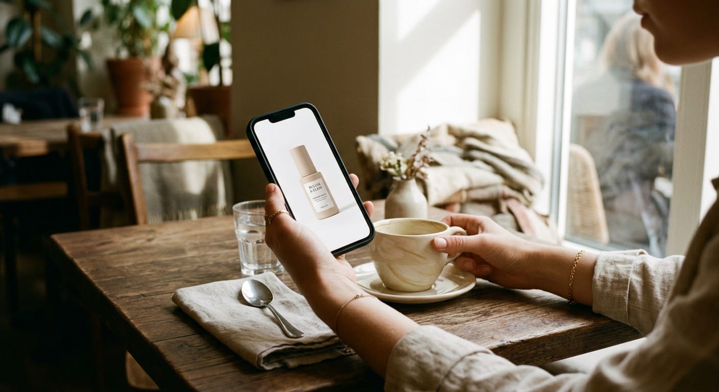 A shopper at a sunlit cafe table holding a phone showing a single skincare product.