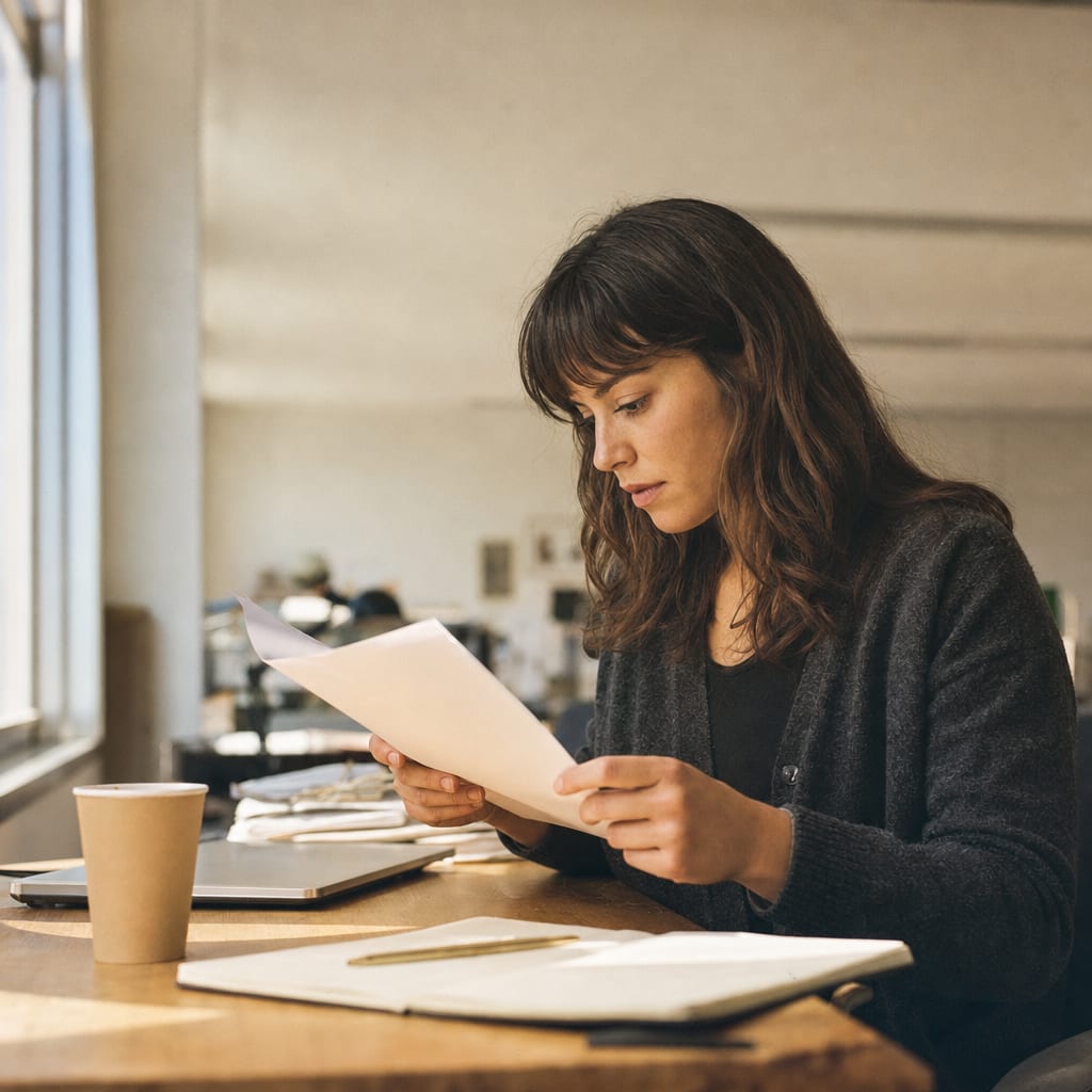 A journalist reading a printed multi-page press release at a sunlit newsroom desk.