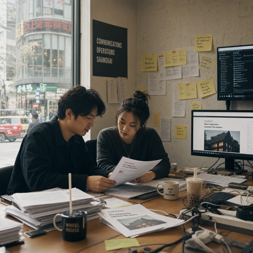 A communications operations room: two staff at a long oak desk reviewing a stack of printed press release pages.