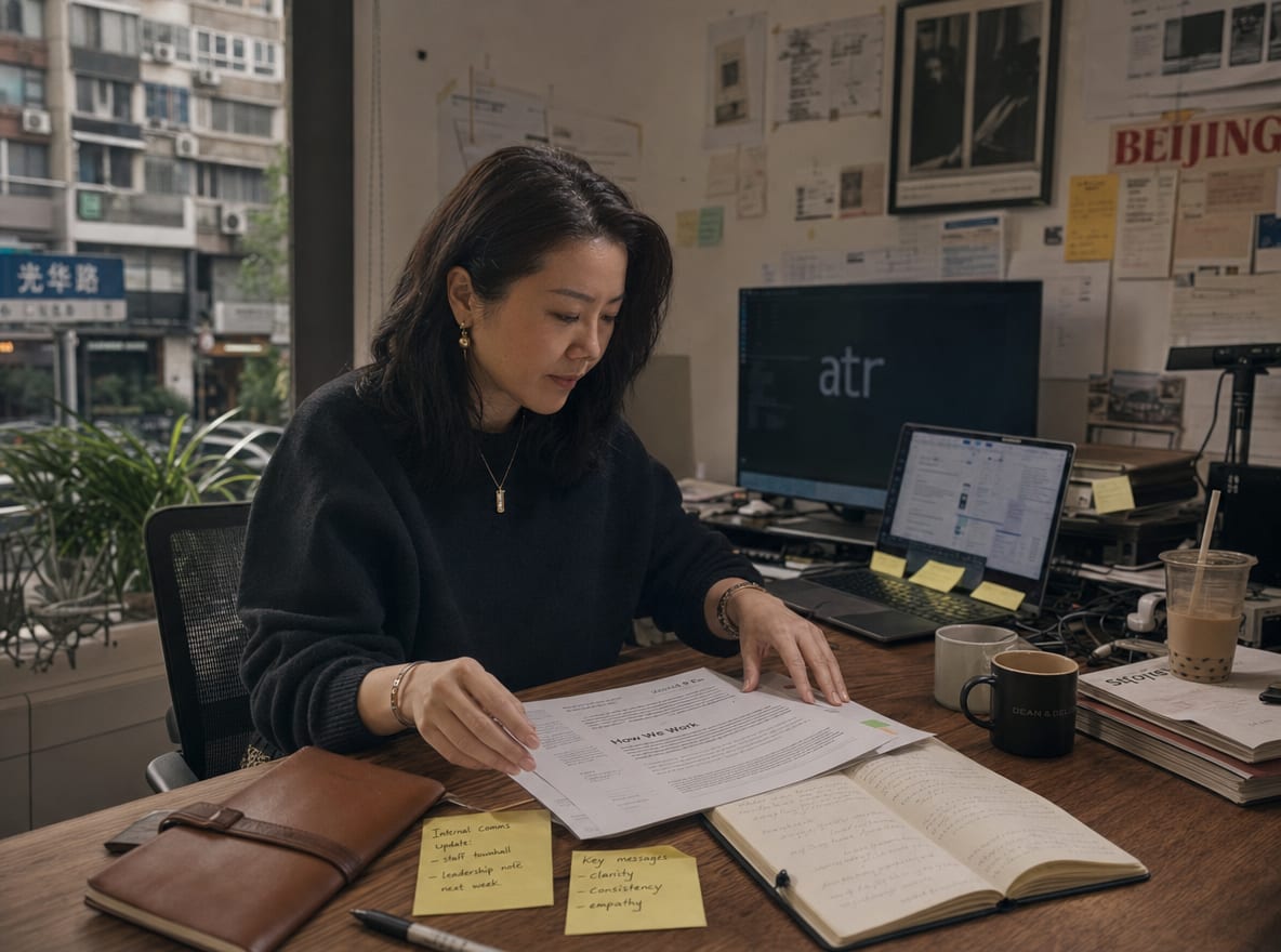 A senior communications director at a sunlit oak desk laying out a fact sheet and brief notes beside a leather notebook.