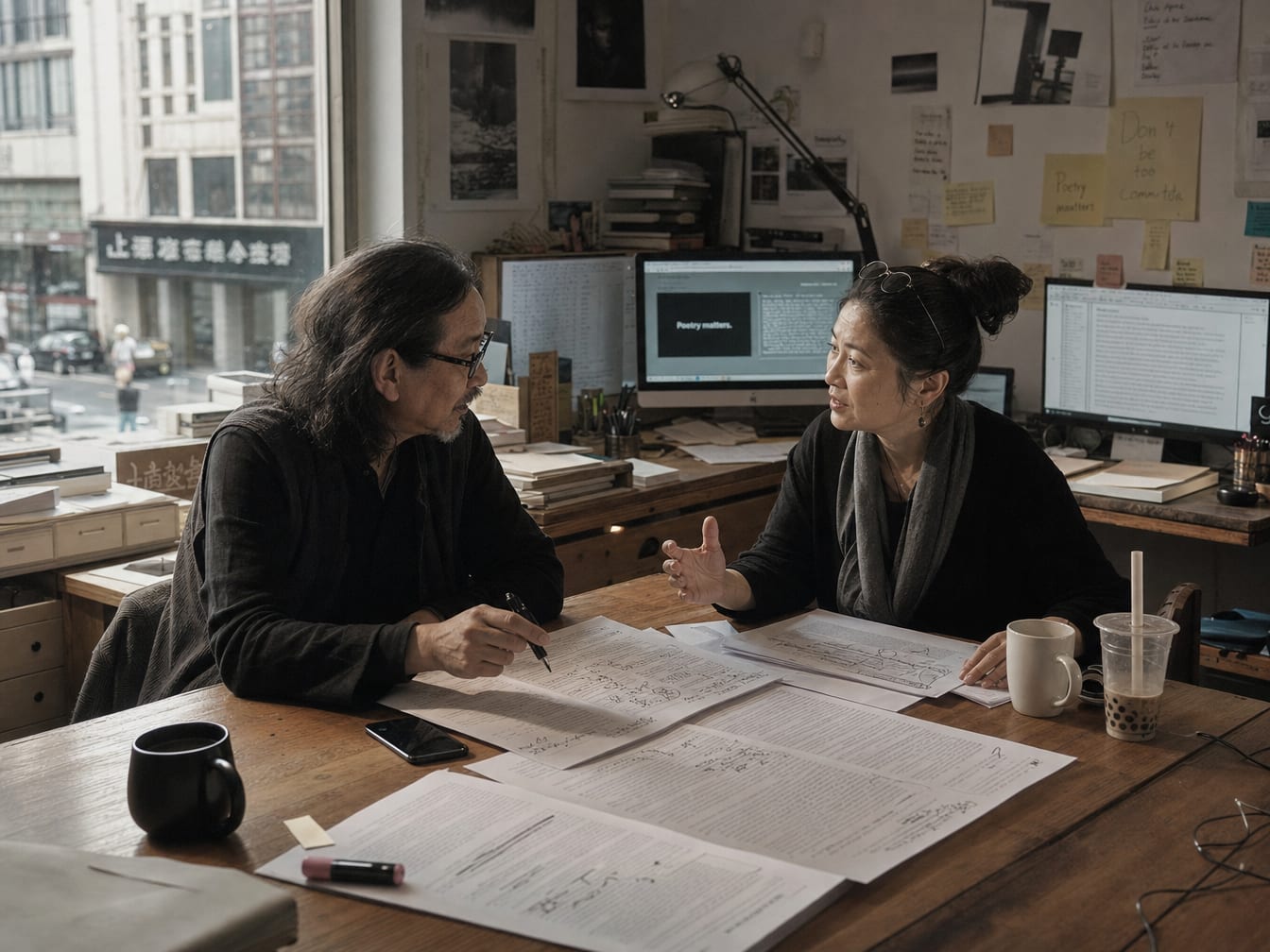 Two senior writers across a wide oak table mid-conversation, marked-up press release drafts spread between them.