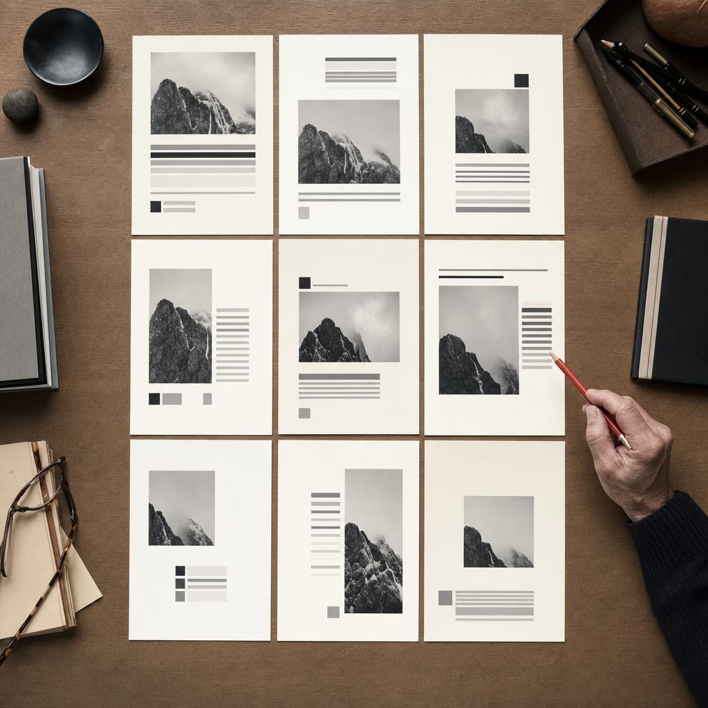 The same press release cover printed in nine typographic variants laid out in a tidy grid, with an editor's red pencil pointing at one.