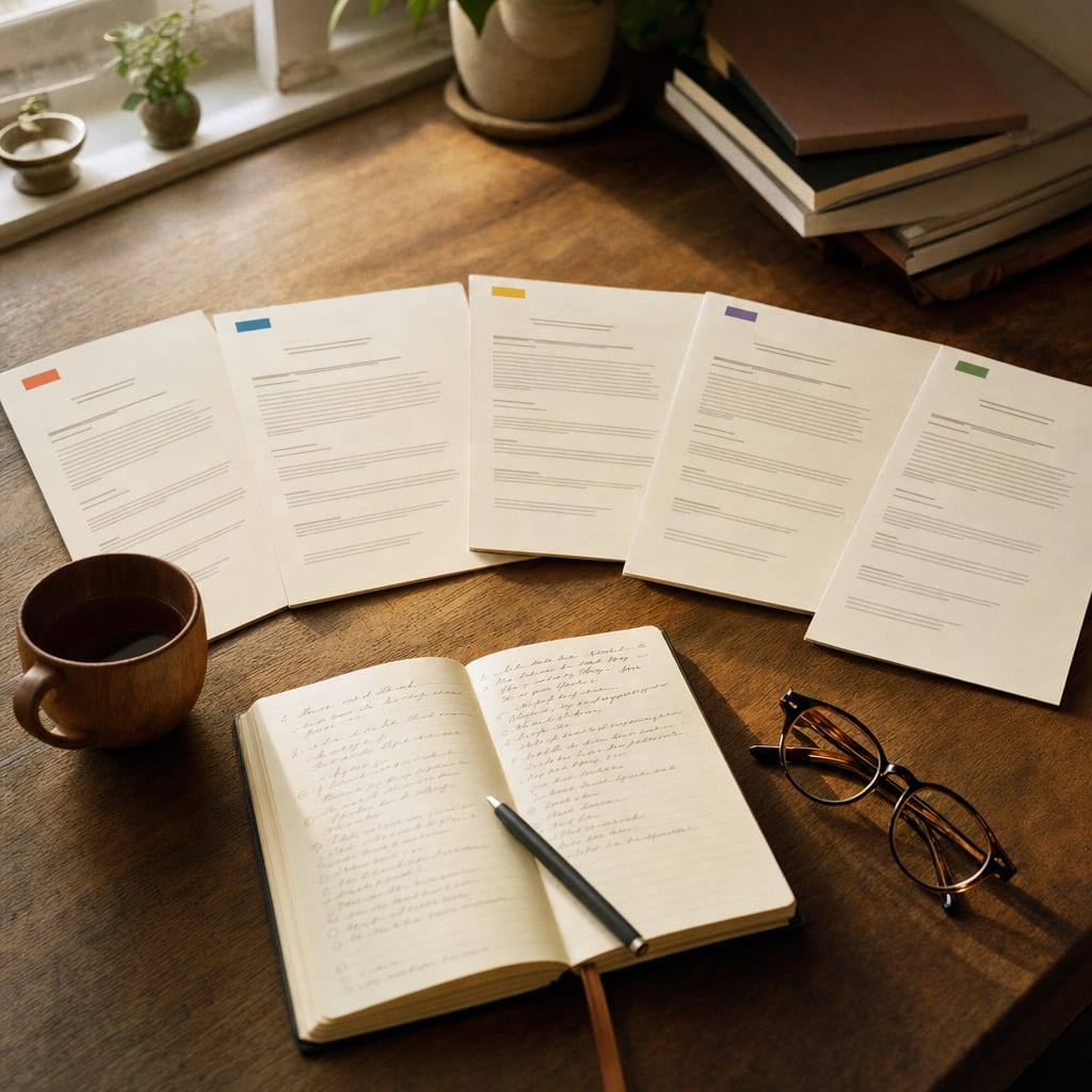 The same release printed in five languages, fanned across a wooden desk with a notebook of translation notes.