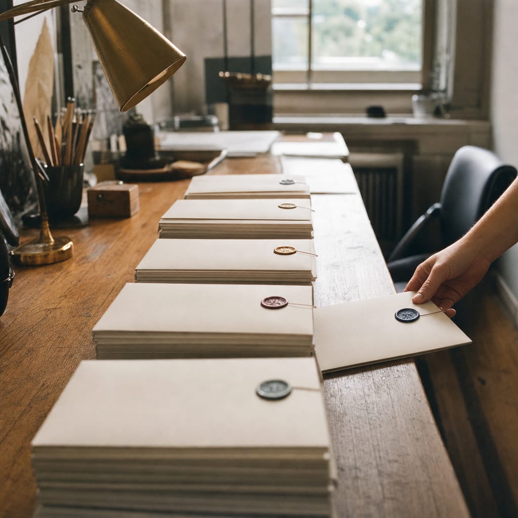 A stack of finished press release packets in matte ivory envelopes with wax seals at the corner, on a long wooden desk.