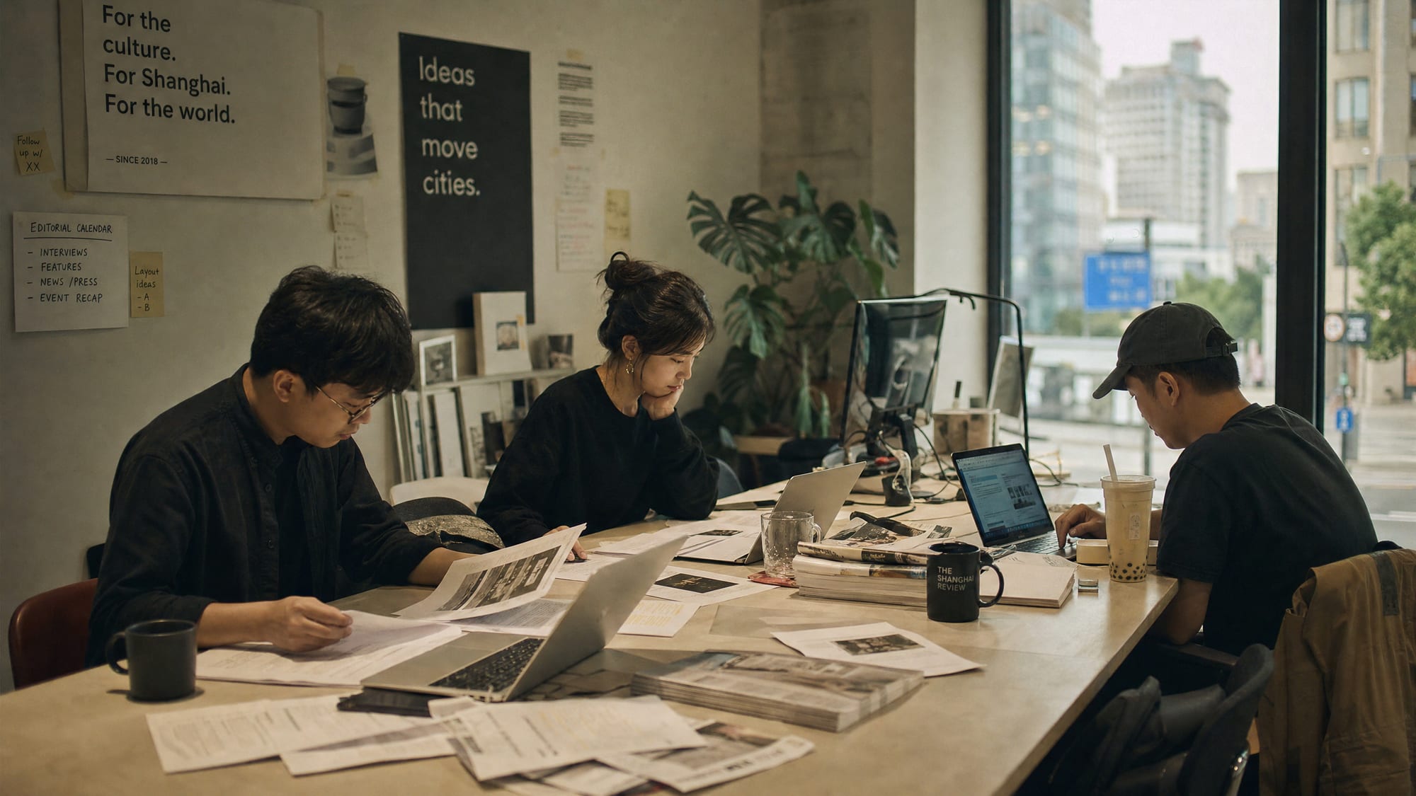 A working newsroom interior in late morning, three journalists at long oak desks with printed press releases between them.