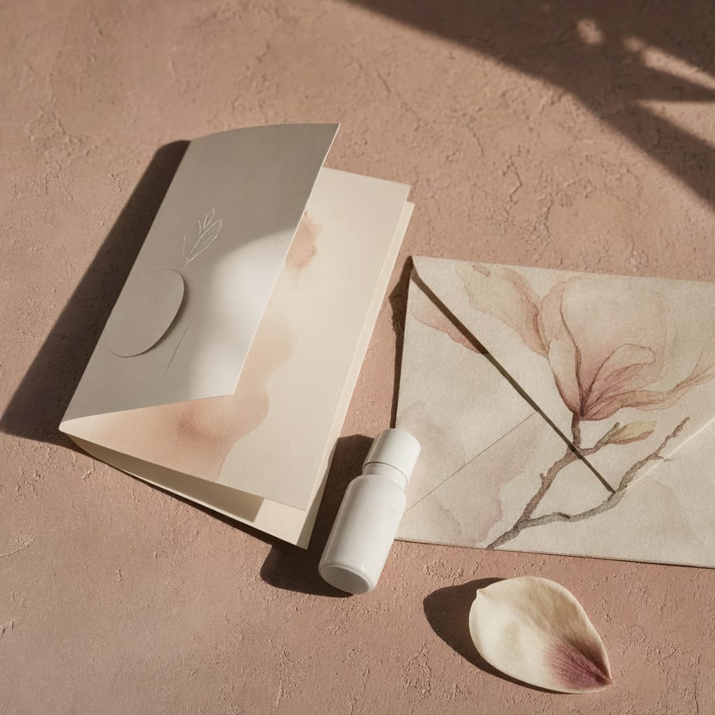 A blush ivory invitation for the Helia beauty category launch, beside an unlabelled sample bottle and a pressed magnolia petal.