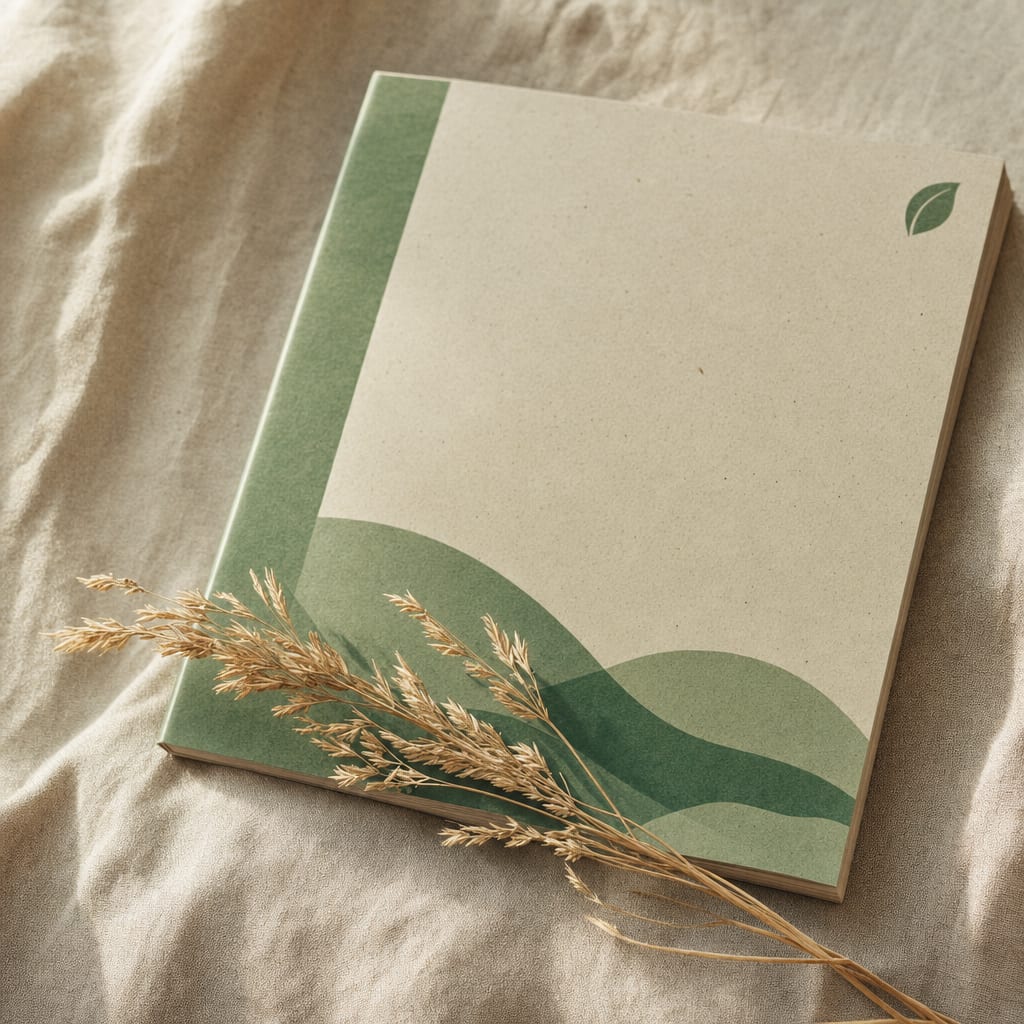 A moss-green sustainability report cover for Noria on warm oat linen with a dried wheat sprig laid across the lower edge.