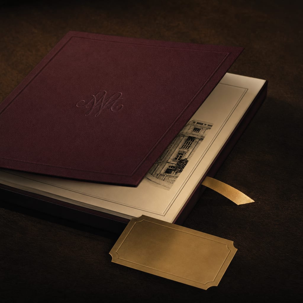 A deep burgundy embossed folio for the Otho maison flagship opening, half open on dark walnut with a thin gold ribbon bookmark.