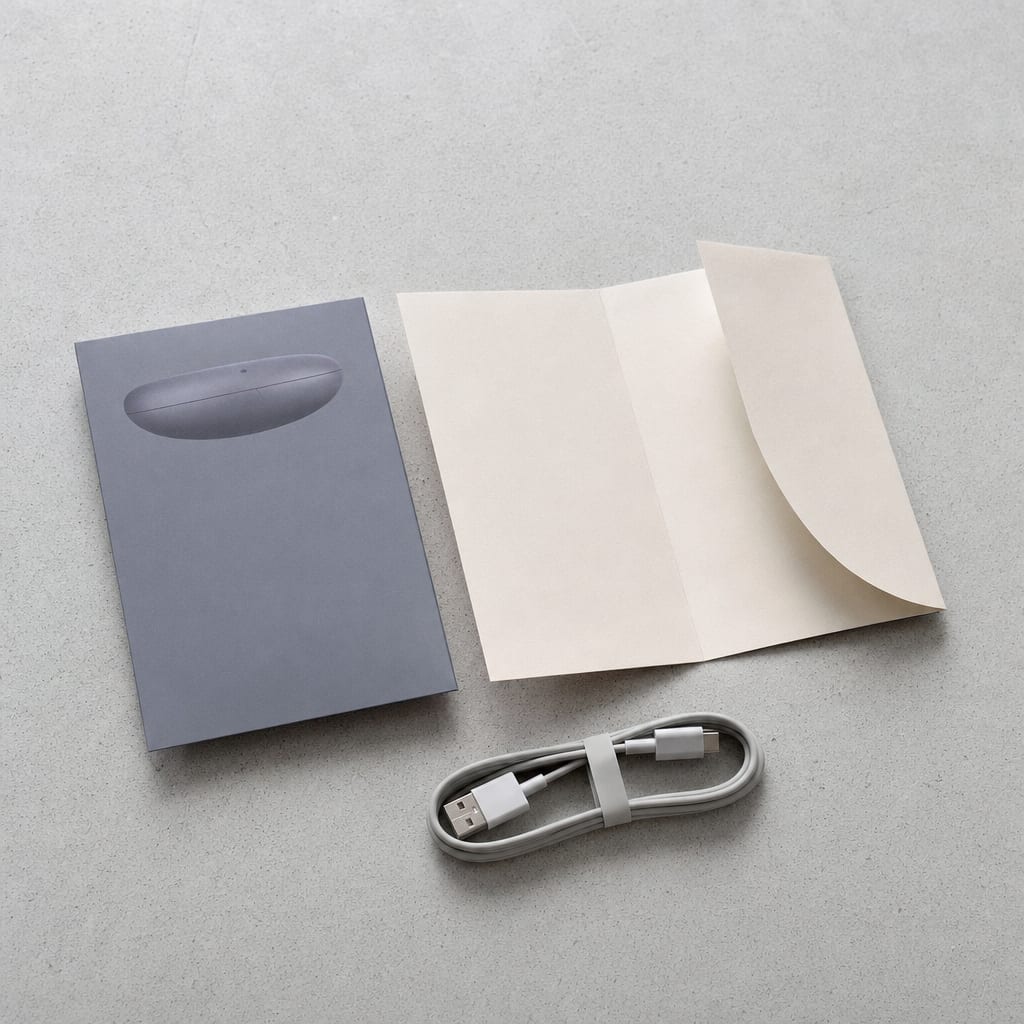 A slate-grey product card for the Pallia consumer electronics launch on pale concrete, beside a folded press sheet and a neat cable loop.