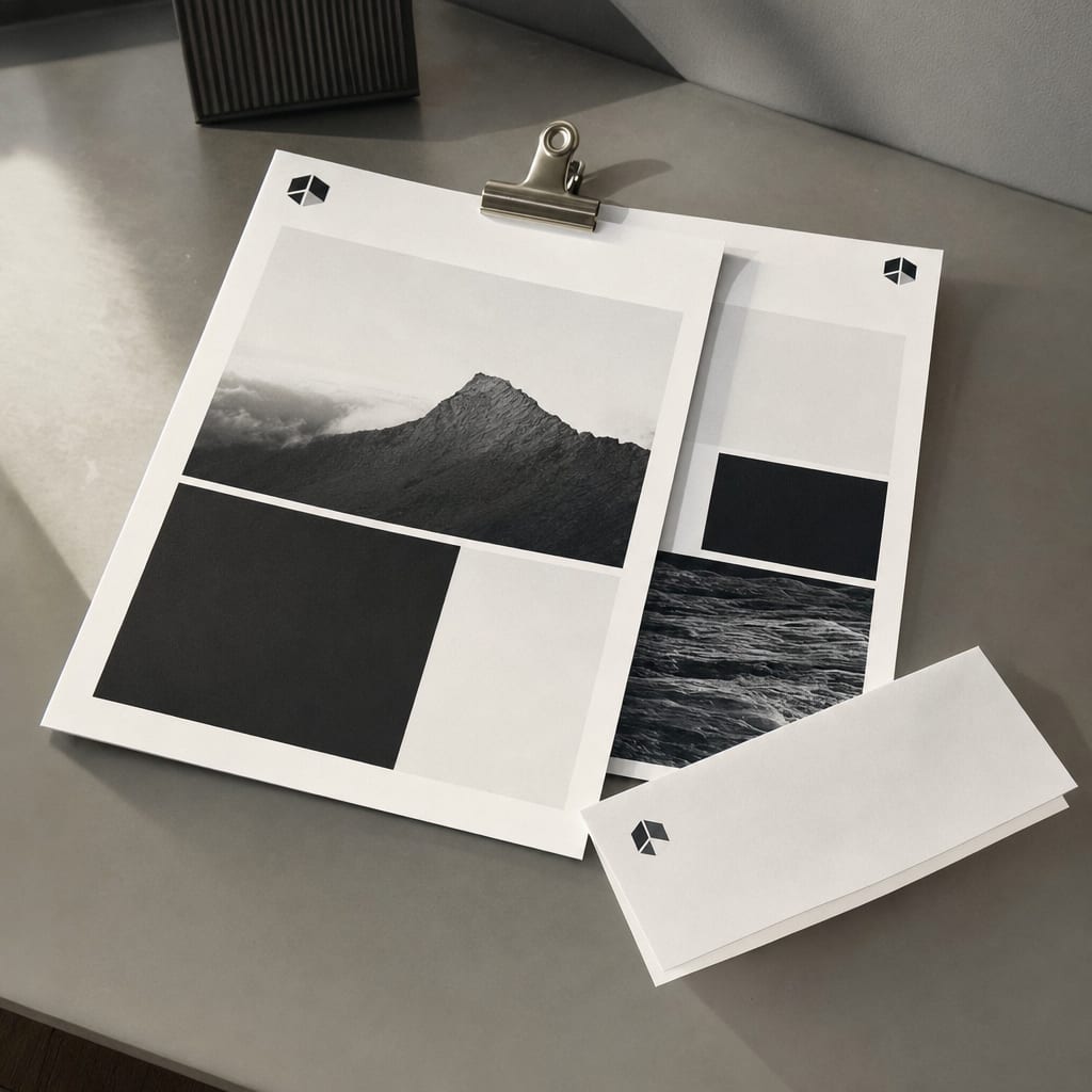 Two matte white press cover pages for a Verge B2B SaaS partnership announcement, overlapping at a diagonal on a slate desk.