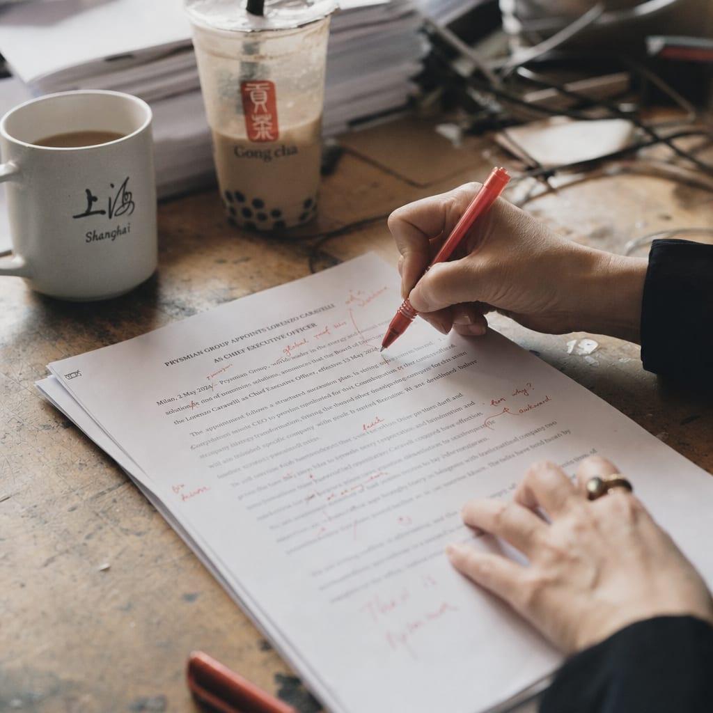 A pair of hands marking notes in red ink on a printed press release page.