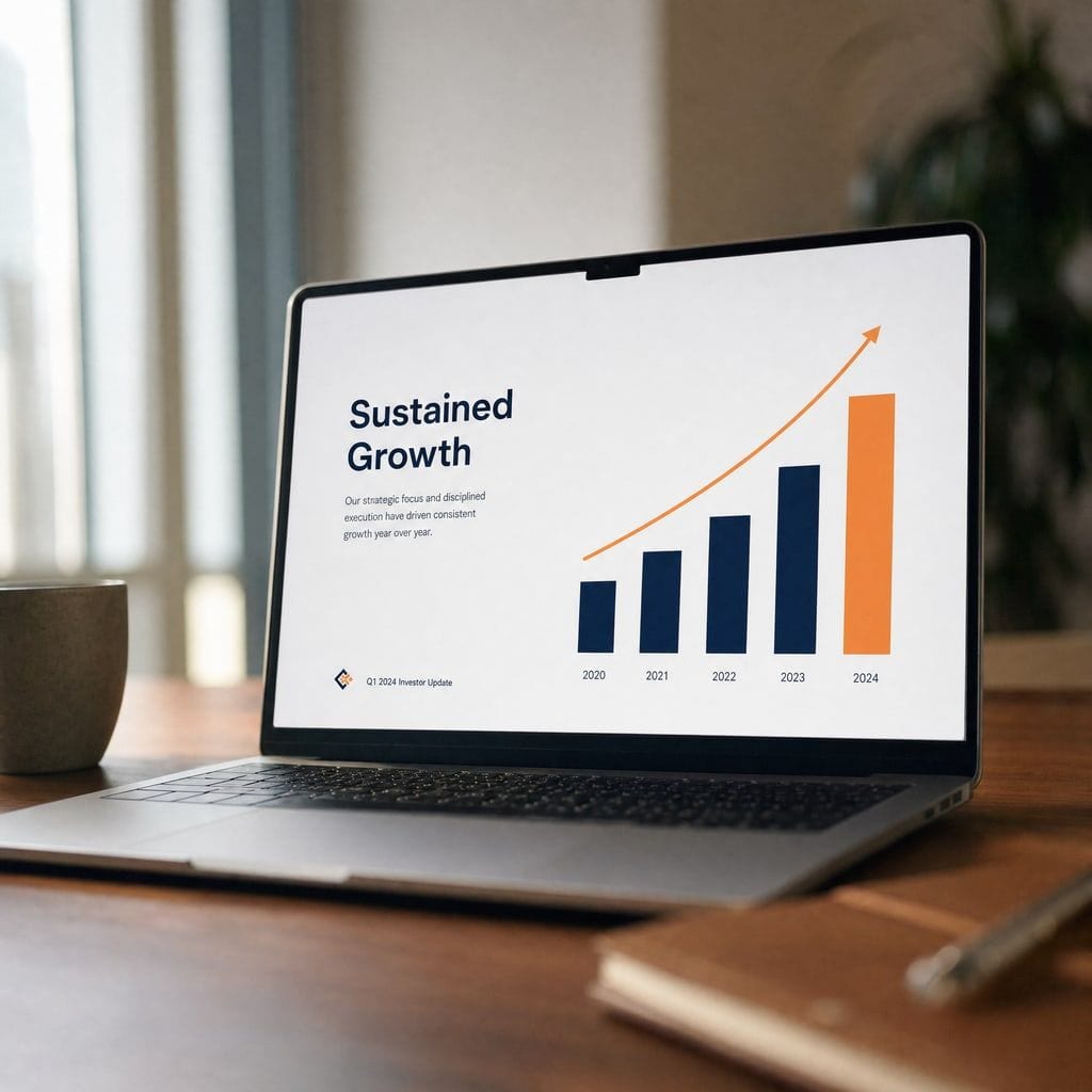 An open laptop showing a clean deck slide with a minimalist growth chart.