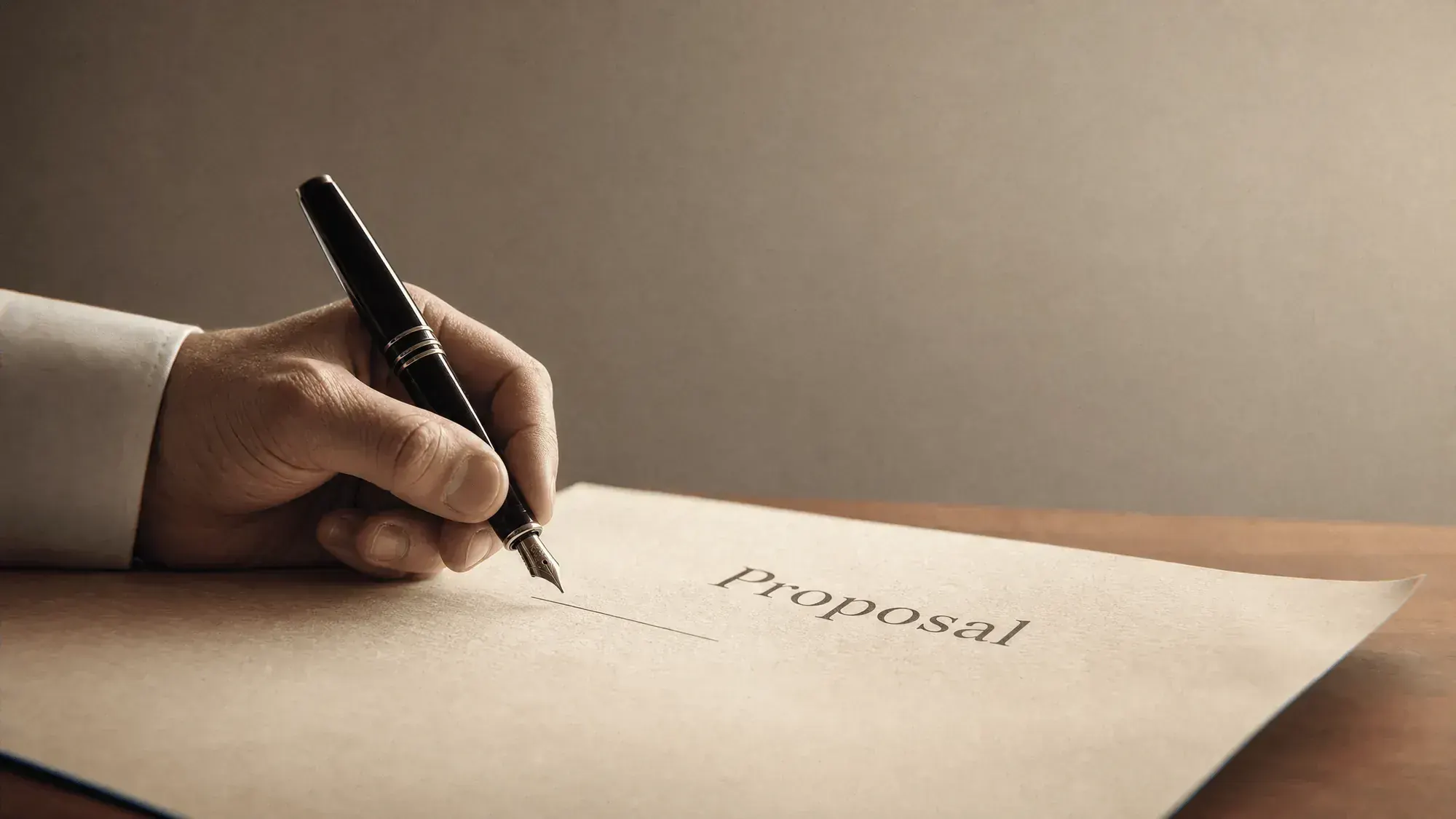 A hand poised with a fountain pen over the signature line of a typeset proposal on cream cardstock