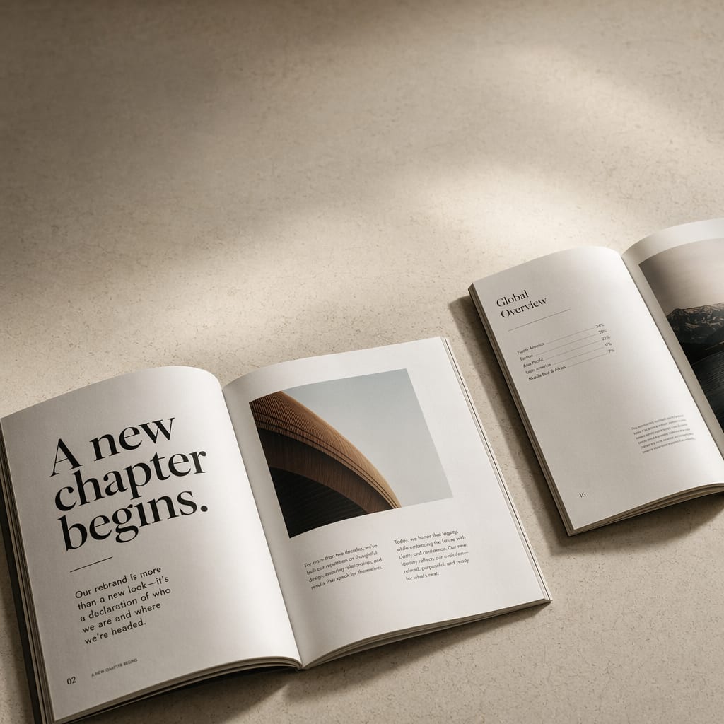 Two open editorial spreads on a warm plaster surface, a large-format magazine and a slim hardcover annual report.
