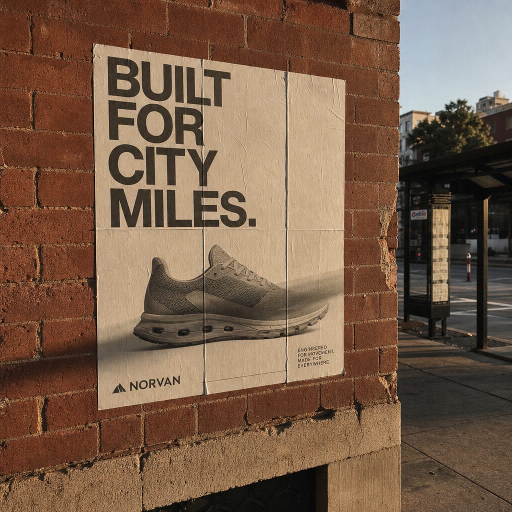 A six-sheet poster on a weathered brick wall in golden hour light beside the edge of a transit shelter.