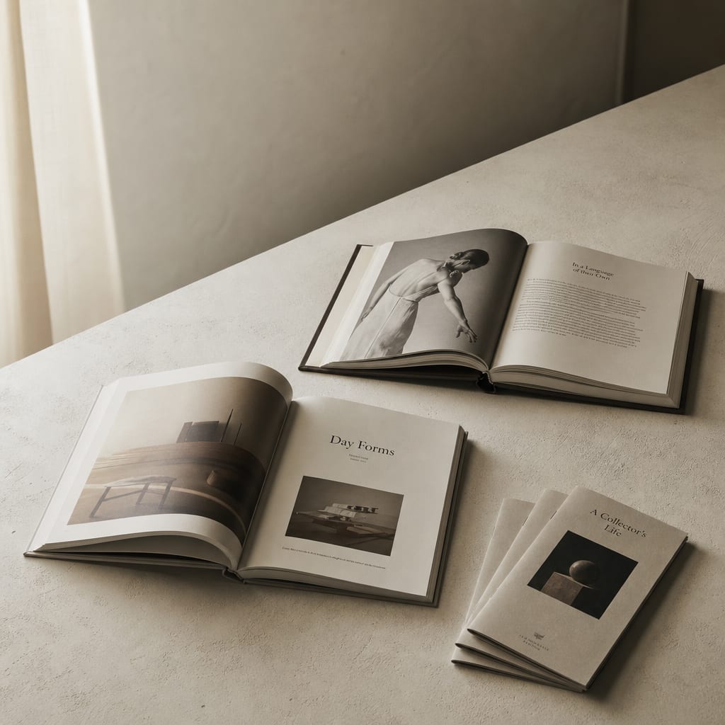 A hardcover monograph and a bound editorial catalog open on a plaster worktable.