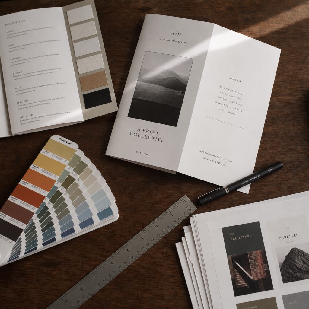 Folded mock-up brochure, paper-stock swatch book, Pantone guide fanned out, marker and steel ruler on a worktable.