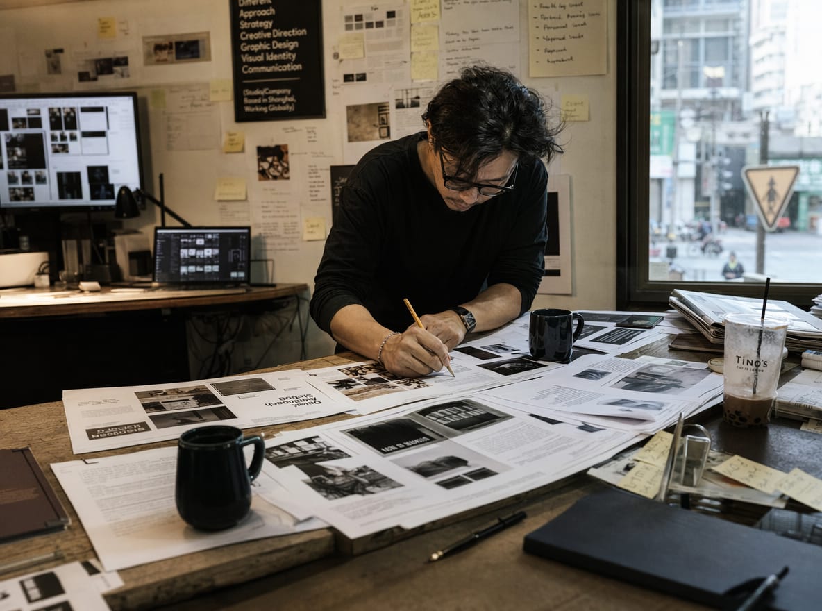An art director leaning over a worktable covered in printed layout proofs, marking a single page with a pencil.