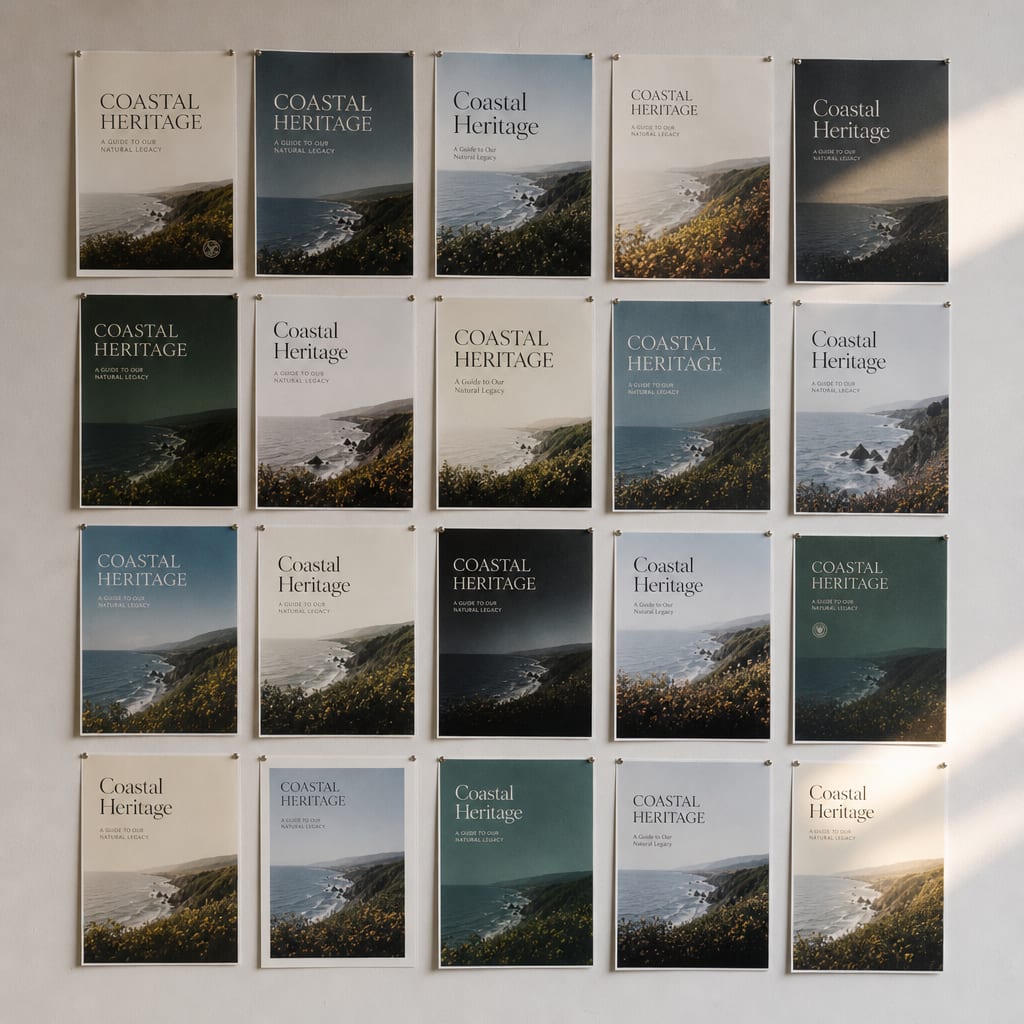 A wall pinned with twenty printed variations of the same brochure cover, arranged in a grid.