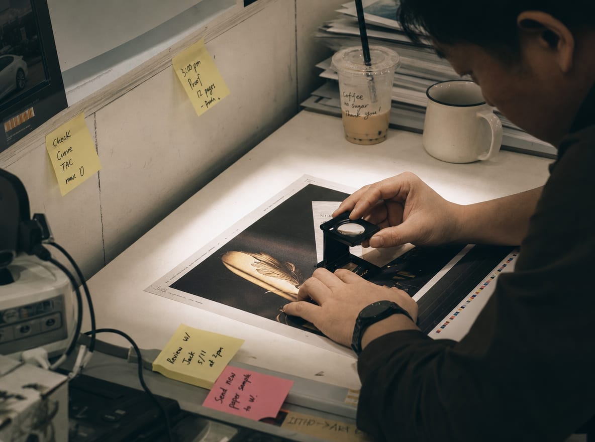 A printer's hands checking a press sheet at a lightbox with a loupe magnifier.