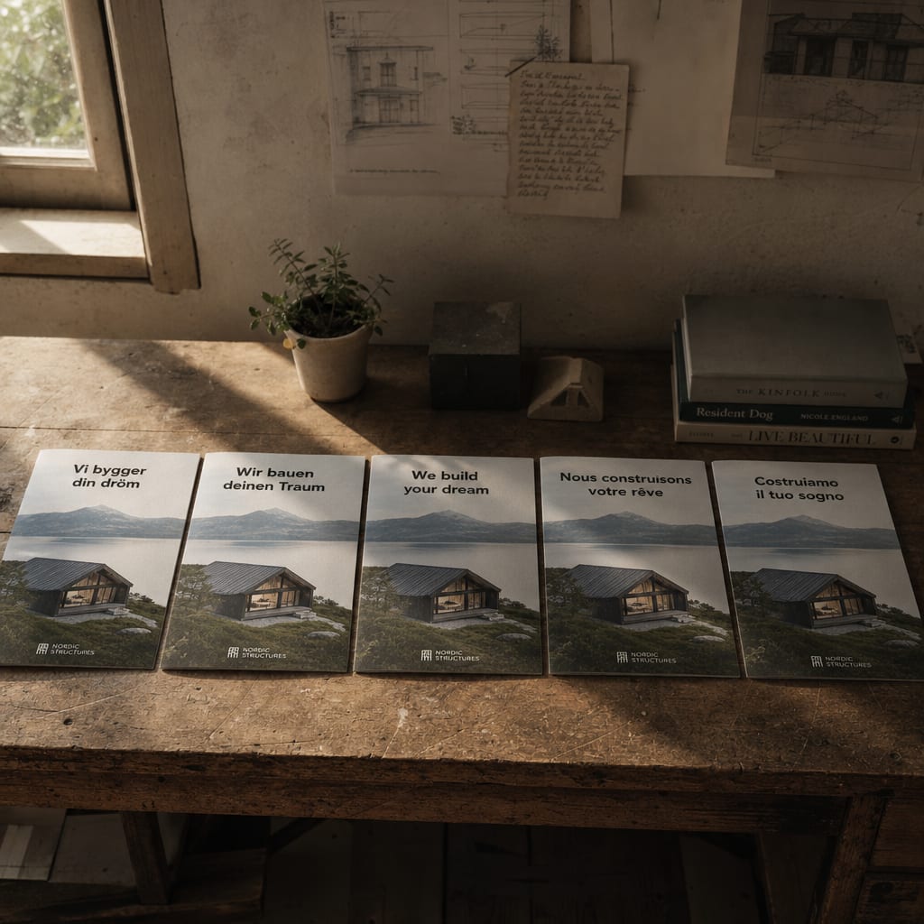 Five language variants of the same brochure cover laid out side by side on a long worktable.