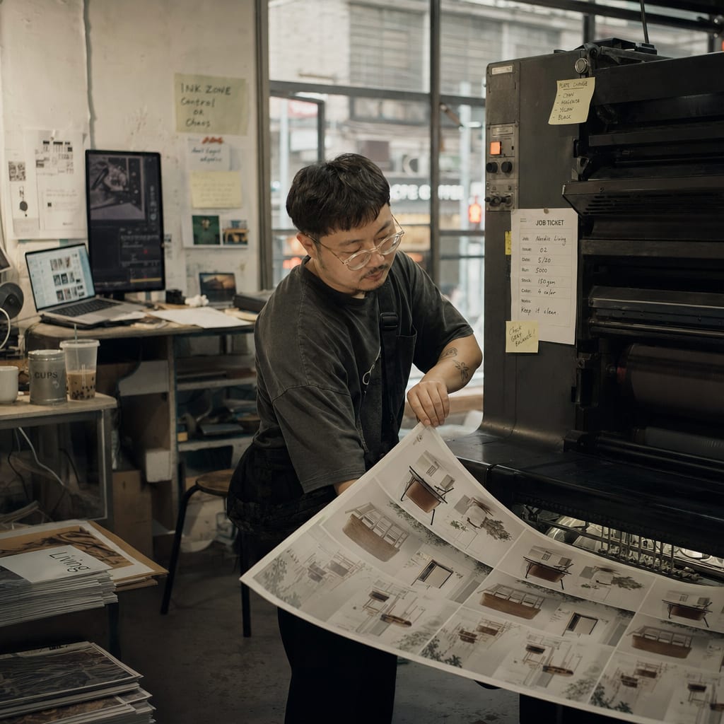 A four-colour offset press in mid-run with a freshly printed sheet being lifted at the delivery end.