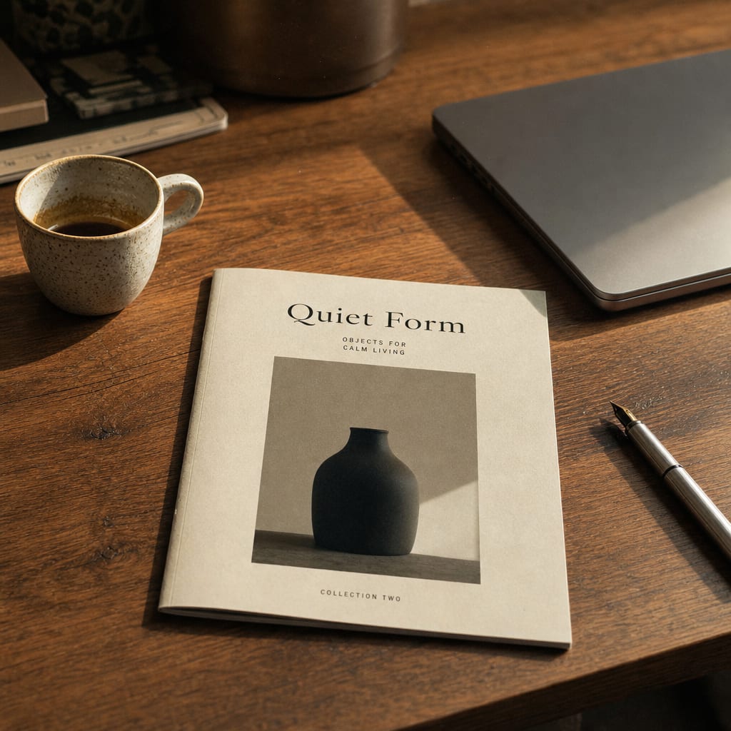 A printed brochure on a sunlit walnut desk beside an espresso cup, a metal pen and a closed slim laptop.