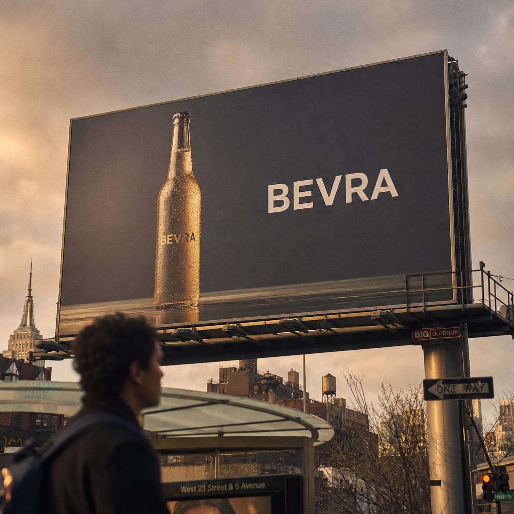 A 96-sheet billboard against an overcast sky carrying a single chilled bottle and the Bevra wordmark above a bus shelter.