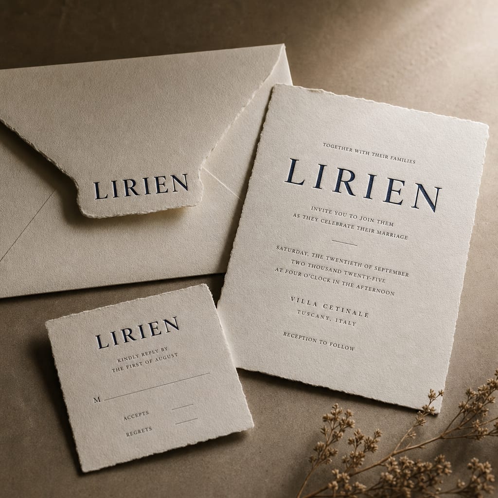 Letterpress invitation suite on cream cotton stock with a deep navy Lirien wordmark and deckled paper edges.