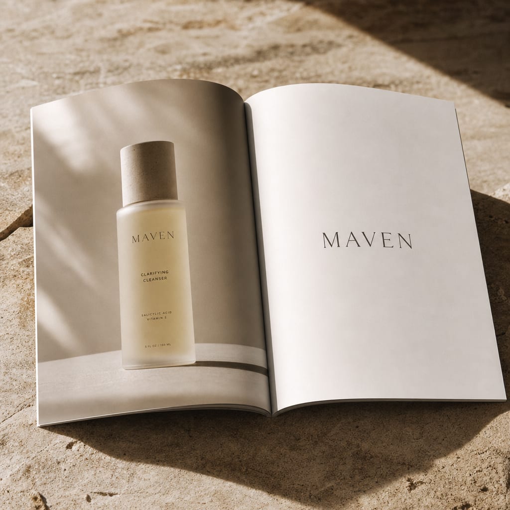 Open beauty look-book on a sandstone slab, a single skincare bottle on the left page and the Maven wordmark on the right.