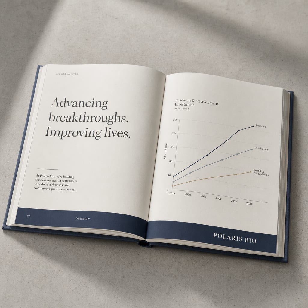 Clothbound annual report open on pale concrete, a serif headline on the left page and the Polaris Bio mark reversed out of a navy band.