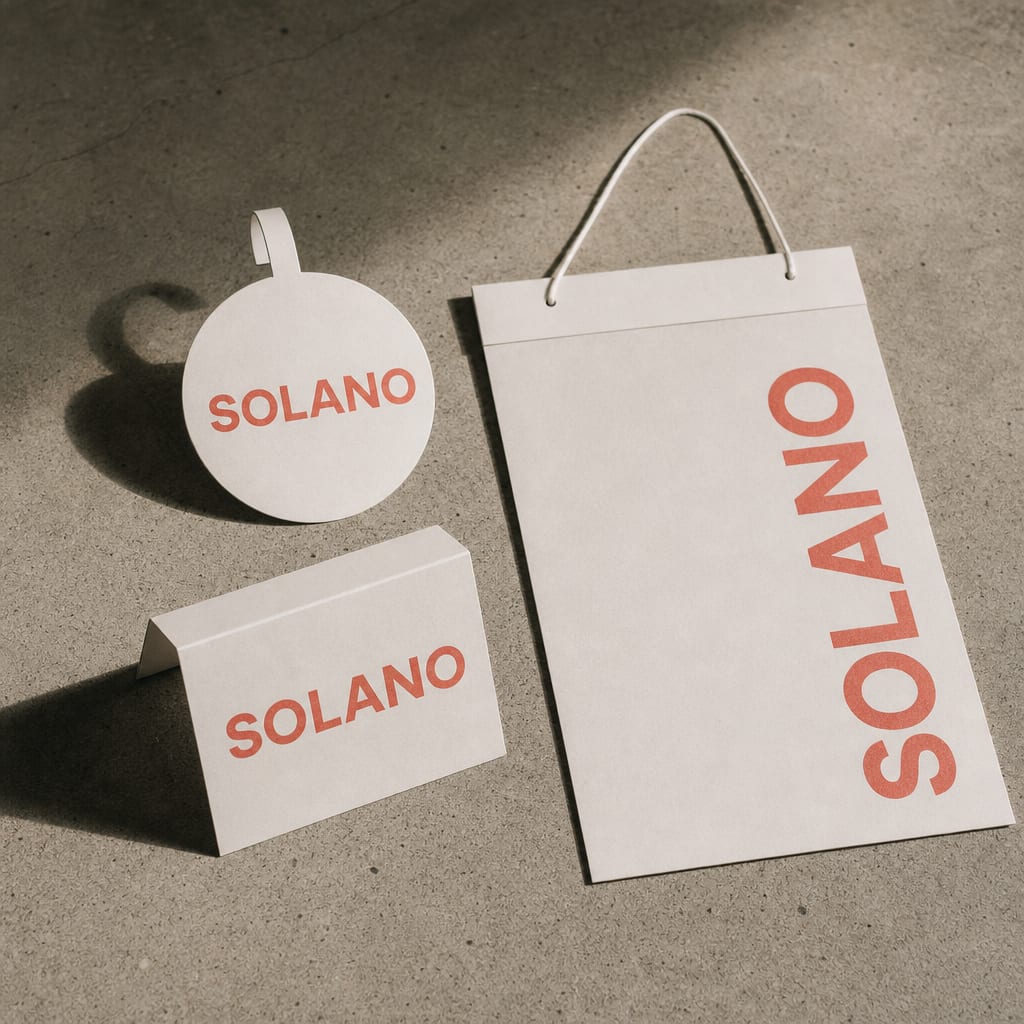 Coral-red Solano shelf-talker, wobbler and hanging banner laid flat on a concrete surface under hard directional light.