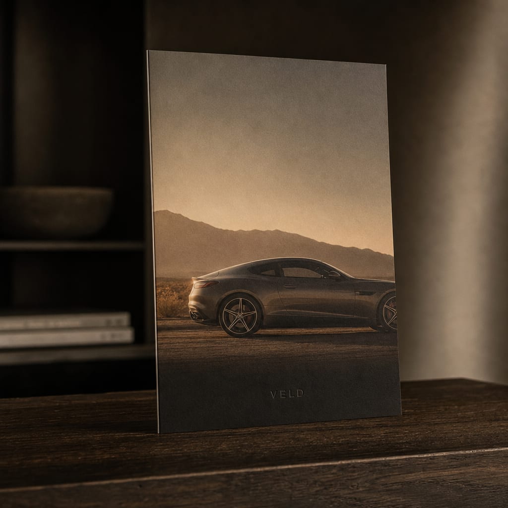 Premium dealer brochure standing on a stained-oak counter, a half-profile coupe on the cover and a small Veld wordmark at the foot.