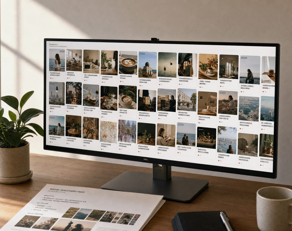 A wide monitor showing a RedNote ad creative library, a grid of in-feed sponsored notes and search-result notes lined up in a placement preview, each carrying a small paid-placement label.