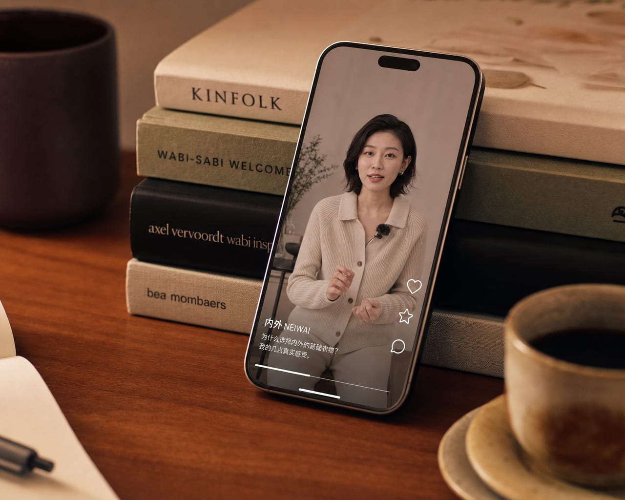A phone screen showing a RedNote video note paused on an AI avatar presenter speaking to camera in neutral knitwear, the progress bar and the heart, star and speech-bubble rail visible in the interface.