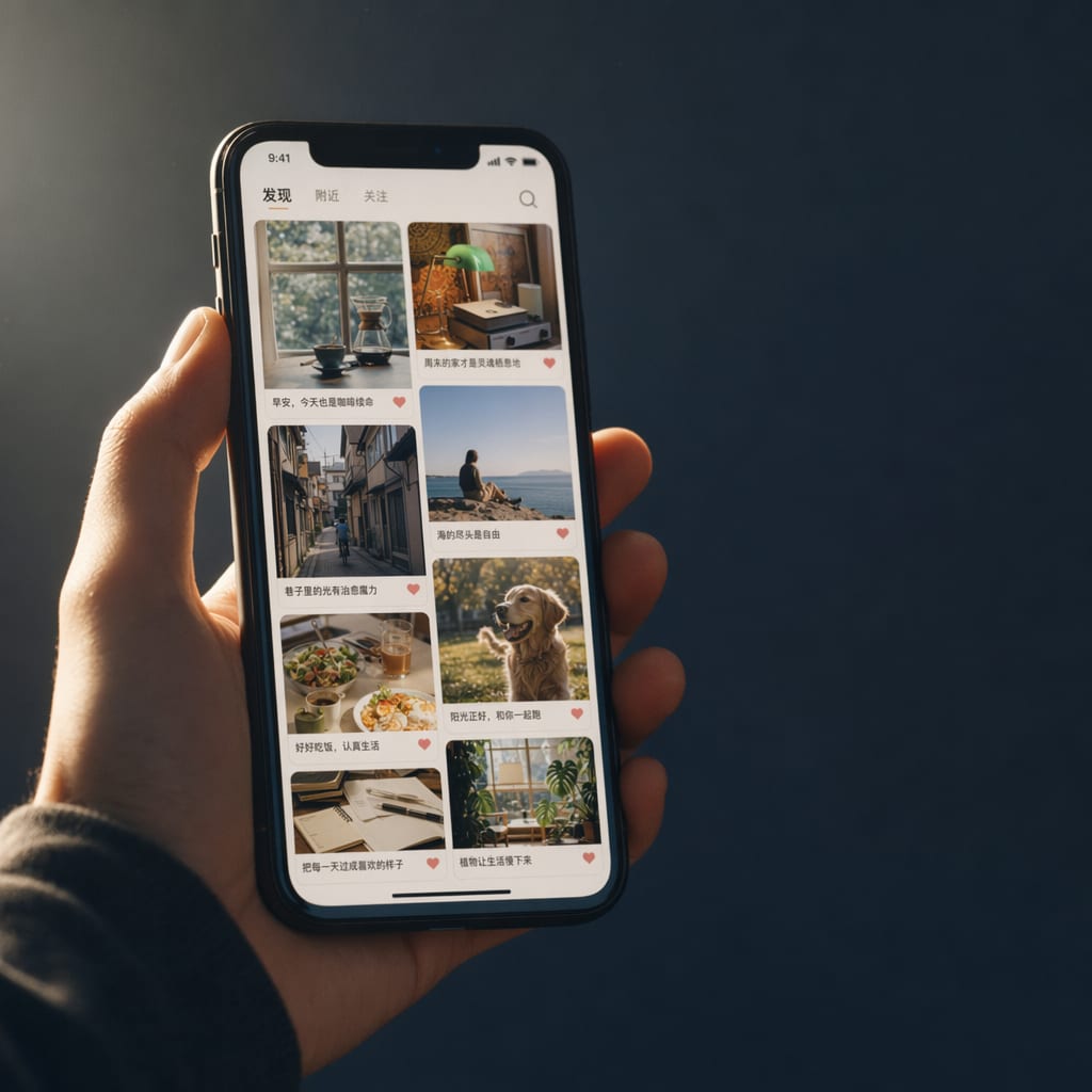 A close editorial portrait of a hand holding a phone in warm rim light, the phone screen filled with the RedNote discovery feed shown as a two-column staggered grid of lifestyle note cards, each card a cover photo with a small heart-shaped like count.