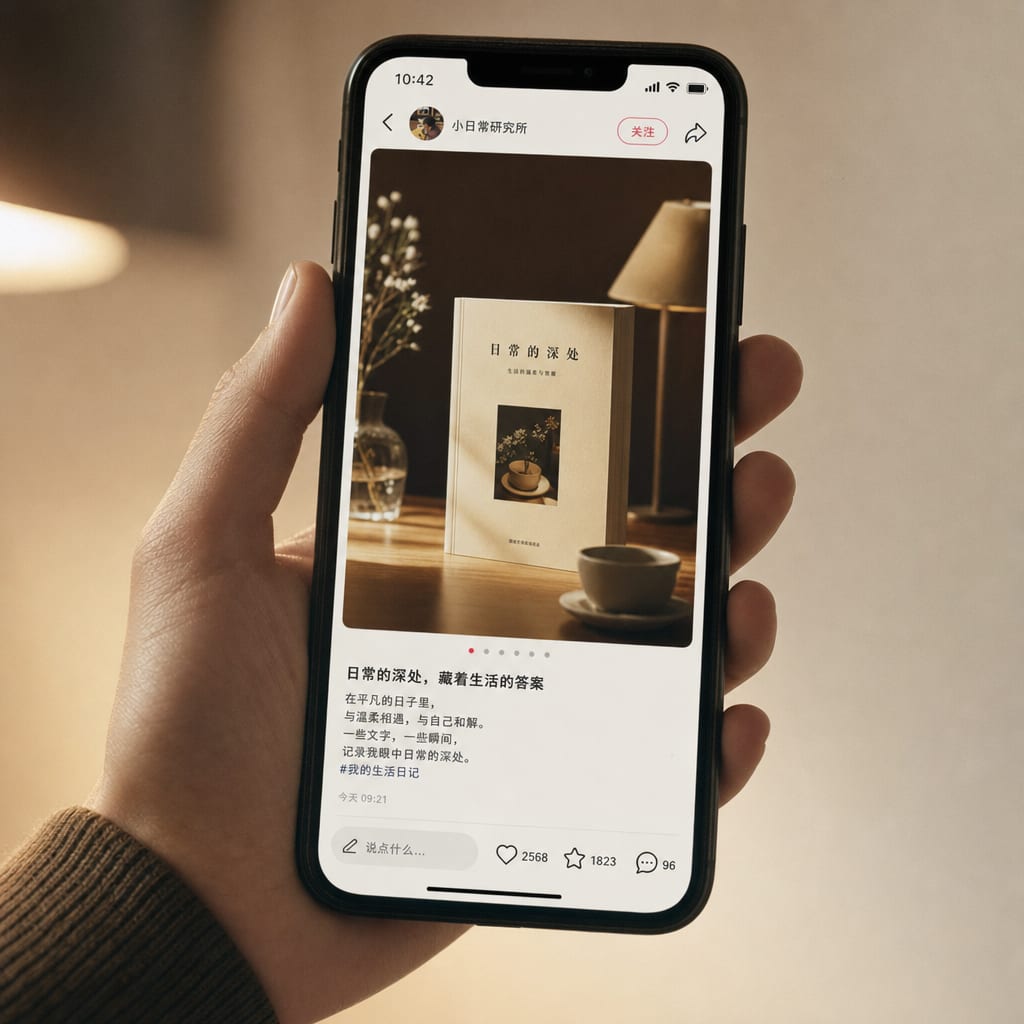 A close cinematic detail of a hand holding a phone vertically against a soft cream background, the screen filled with an open RedNote photo note showing the swipe dots and the bottom interaction bar.