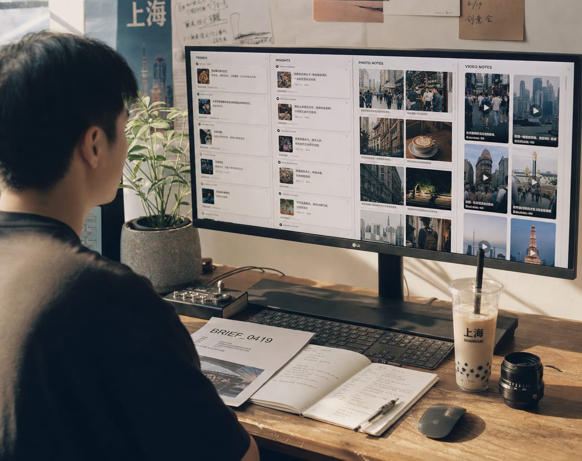 A producer at a wide reference monitor showing a RedNote ad creative library, four columns of photo and video notes tagged Notes, Ads, KOC and Avatar.