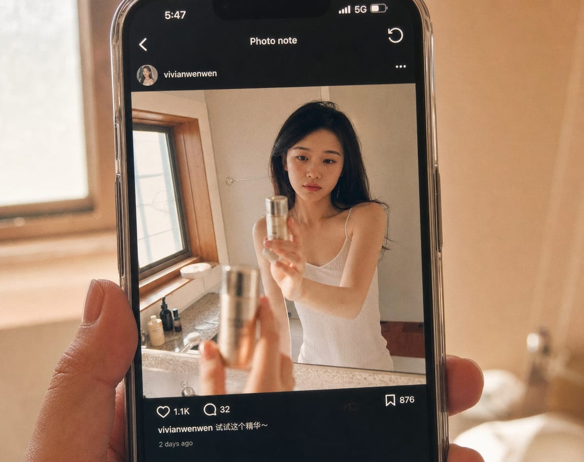 A phone screen showing a RedNote photo note shot in a creator hand-held style, a product held up in soft bathroom light, the like and save counts visible on the bottom interaction bar.