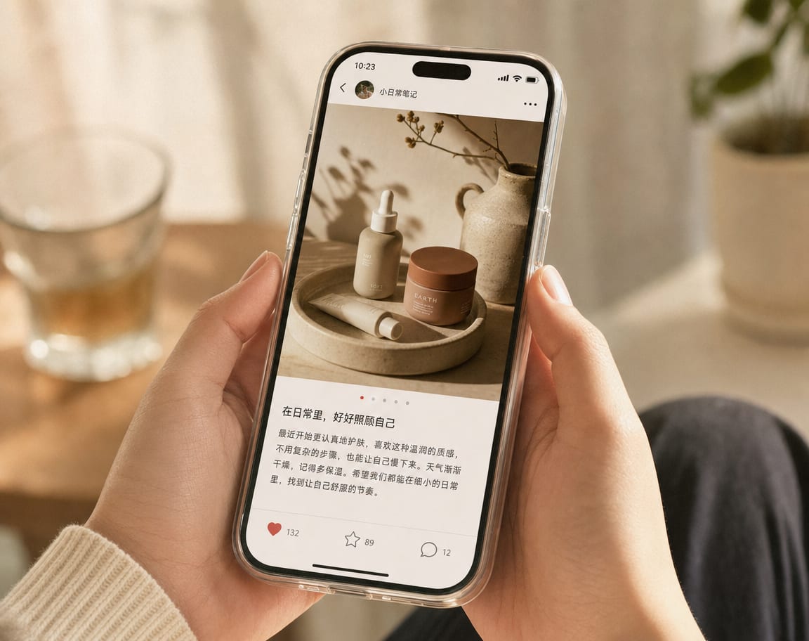A phone held in both hands, the screen filled with an open RedNote photo note, a large editorial product image with a row of swipe dots beneath it, the title and body text in Chinese and the bottom interaction bar of the app visible.