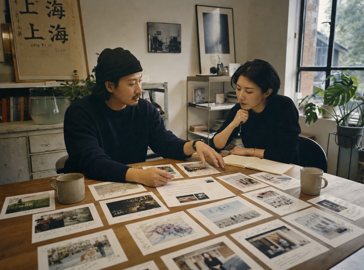 A creative director and a brand lead at a cluttered Shanghai studio table, tea mugs and sticky notes around a laptop showing the RedNote discovery feed alongside printed photo-note cover frames.