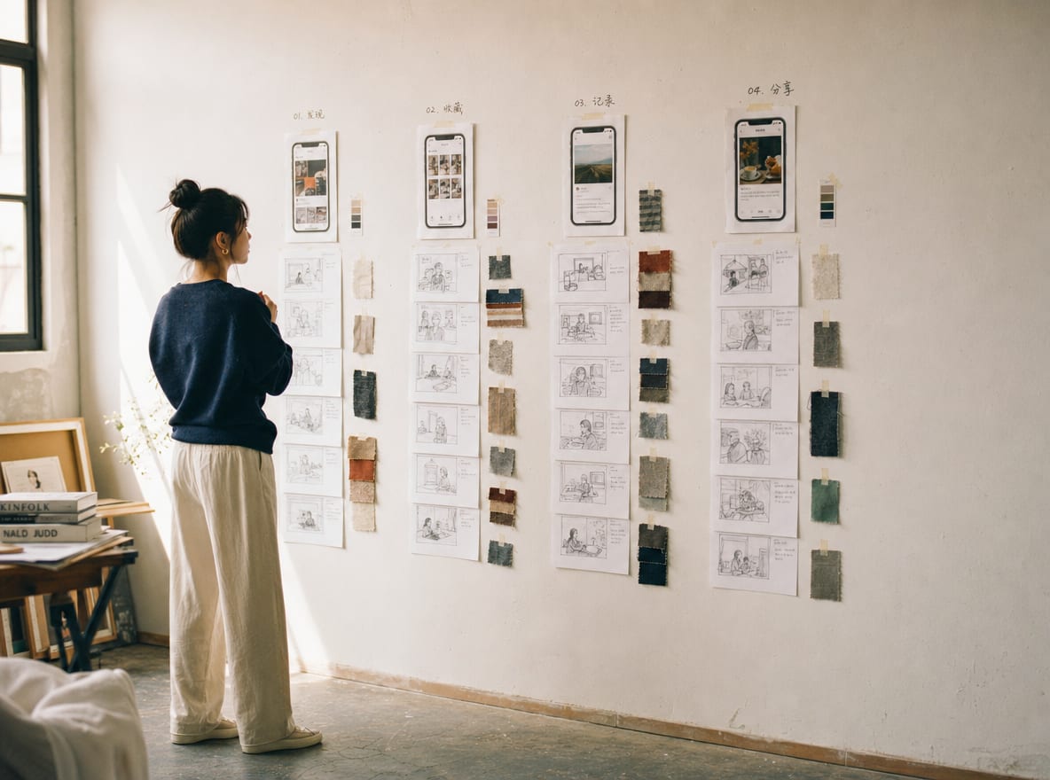 A storyboard wall with four columns of frame sketches labeled Notes, Ads, KOC and Avatar, each column anchored by a printed RedNote photo-note phone mock.