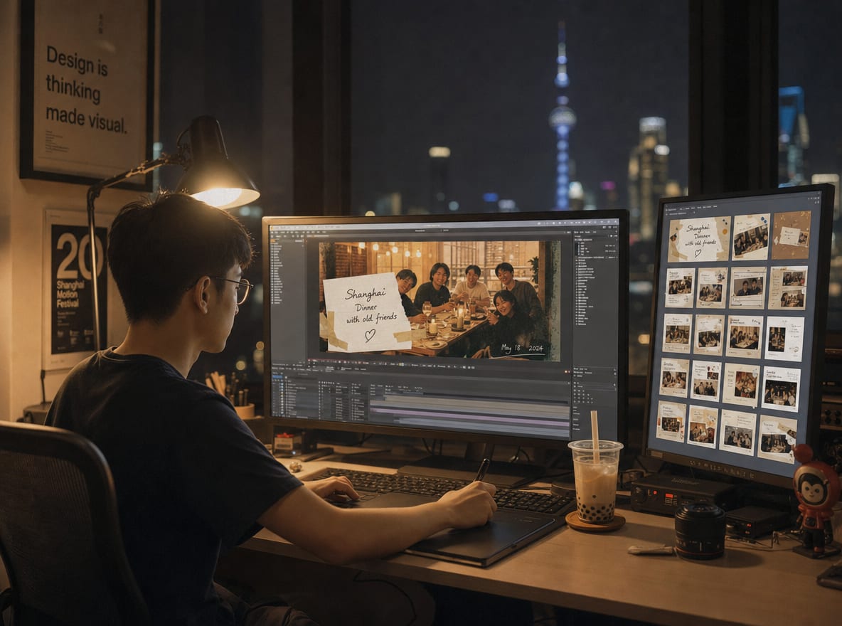 A motion designer at a calibrated workstation, the main monitor showing a single RedNote photo-note cover frame, the side panel showing a grid of cover variants.