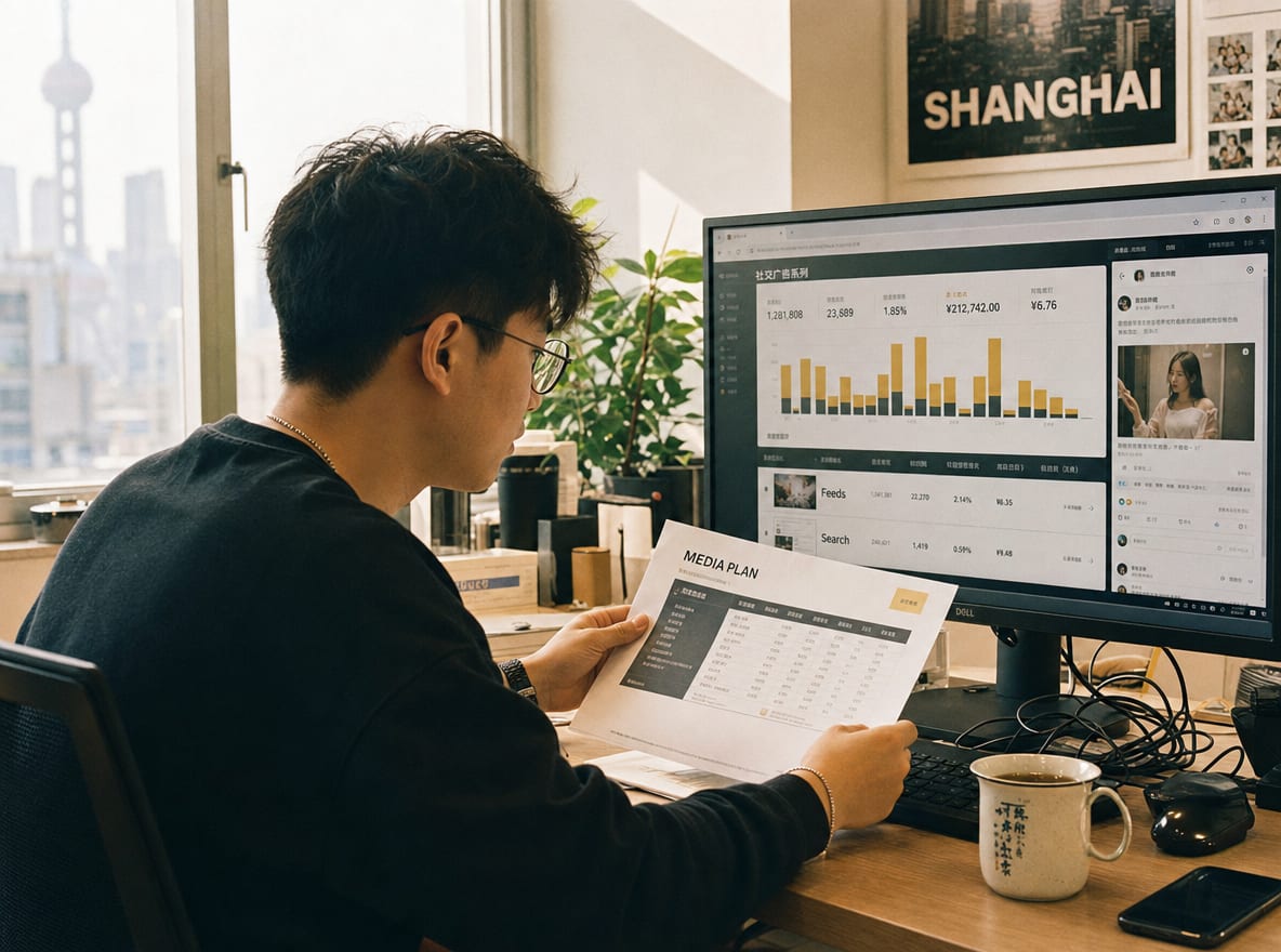 A media buyer at a daylit Shanghai studio desk, the calibrated monitor showing a RedNote ad campaign dashboard with in-feed and search placements live.