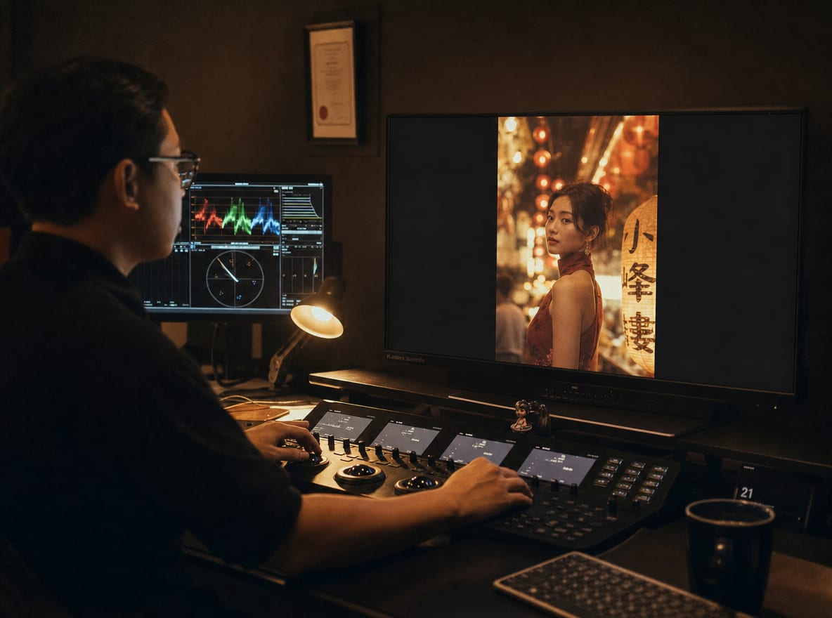A colorist at a calibrated grading suite, the main reference monitor showing a warm RedNote video-note frame paused on a lifestyle still, the note interaction rail visible at the screen edge.