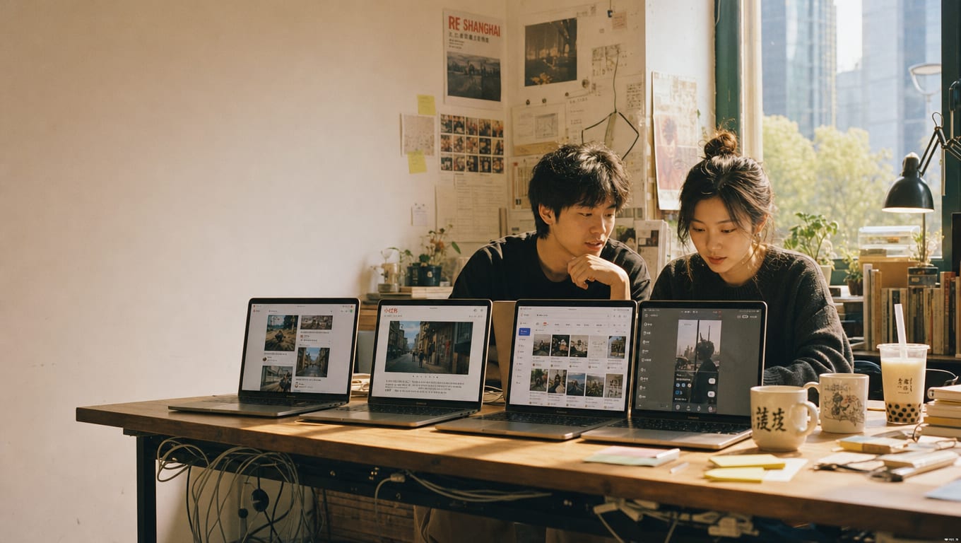 A wide editorial shot of two designers at a daylit Shanghai studio table, four laptop screens lined up showing the RedNote discovery feed, an open photo note, a RedNote search results page and a vertical video note, one per service lane.